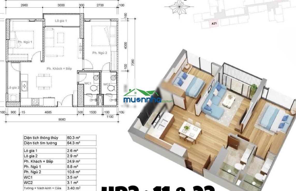 Eco green q7-cho thuê căn hộ tòa hr3-2pn 2wc ntcb - view công viên hương tràm - 14tr5/th- 64.3m2