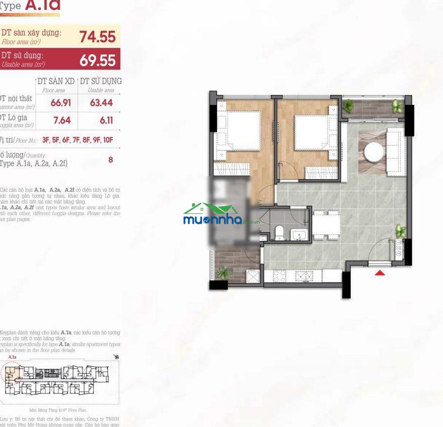 Cho thuê căn hộ 68m2 2pn -2wc có rèm giá 9.5 triệu/tháng - 0918 585 ***