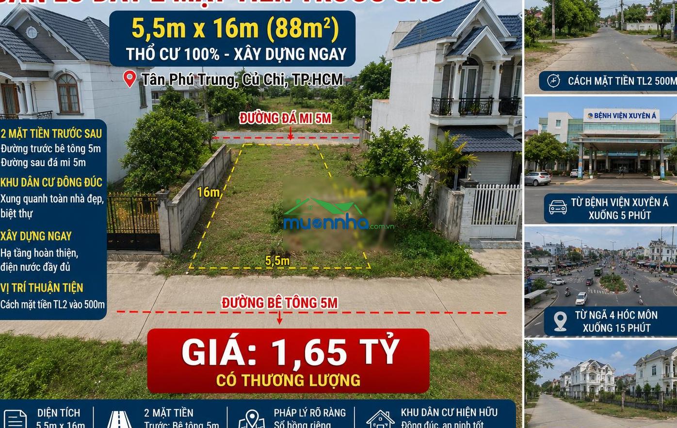 Cần sang nhanh lô đất 2 mt đường cây da dt 5.5x16m , 1.65 tỷ, cách bvxa 5 phút, xã tpt
