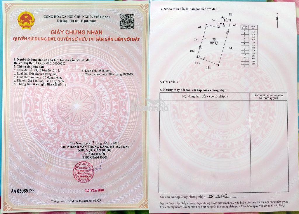 Chính chủ bán 2868,3m2 đất ruộng giá 500tr tại xã tân lân, long an - 2