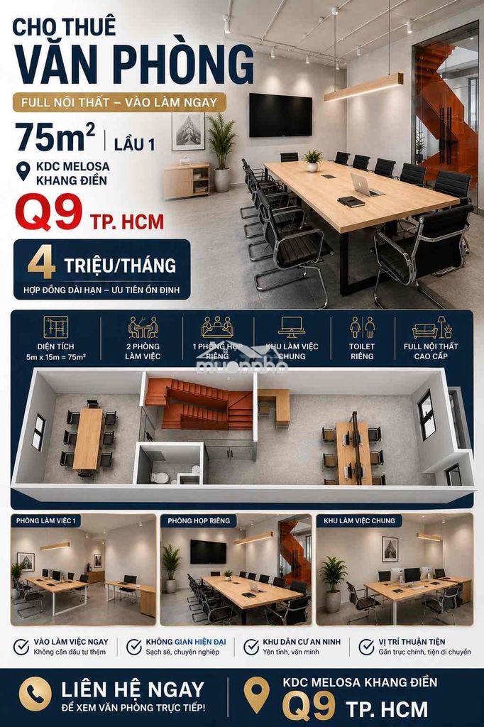 Cho thuê văn phòng 75m² full nội thất – 4tr/tháng – kdc melosa khang đ